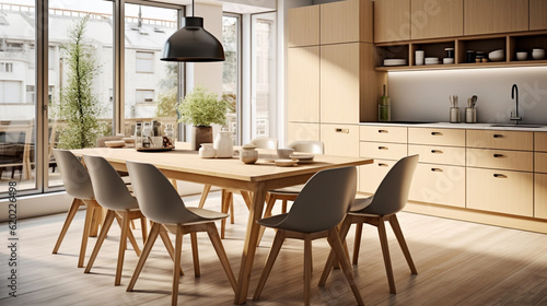 Modern interior design of Scandinavian kitchen with dining table and chairs.  © Kosal