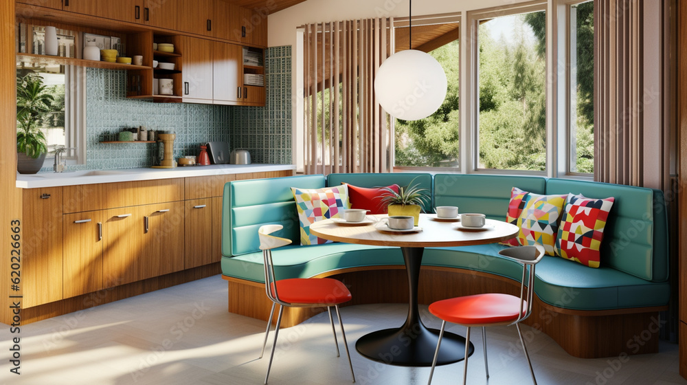 Midcentury modern kitchen with a breakfast nook. Kitchen 
decorated in bold colors and geometric patterns, comfortable seating, and a small table.