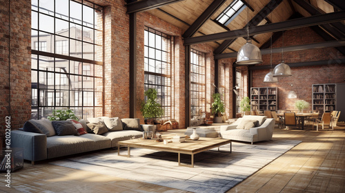 Industrial loft with exposed brick walls. Room furnished with industrial-style furniture in black and style furniture in black and white, plenty of natural light, and open space. © Kosal