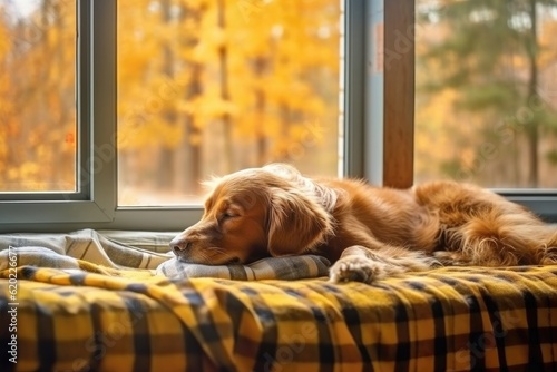 Obraz na płótnie Dreaming dog sleeps on cozy warm windowsill in autumn weather, hygge concept