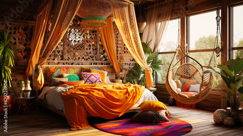Bohemian bedroom with a canopy bed, decorated in bright colors and eclectic patterns, comfortable furniture.