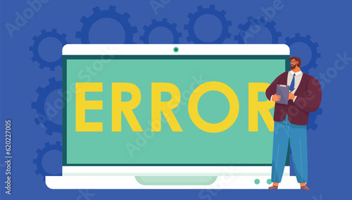 Warning error concept, businessman looking at an internet failure screen on computer, page unavailable. Caution sign on laptop. Concept of technical support, website maintenance services, security