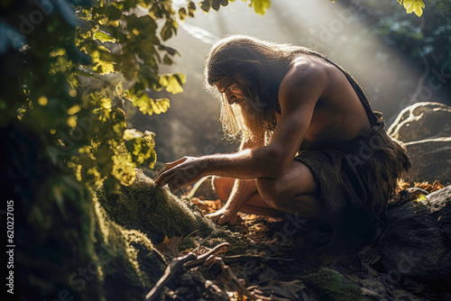 Neanderthal foraging for berries and edible plants in a dense forest, showcasing deep connection with nature and survival strategies photo