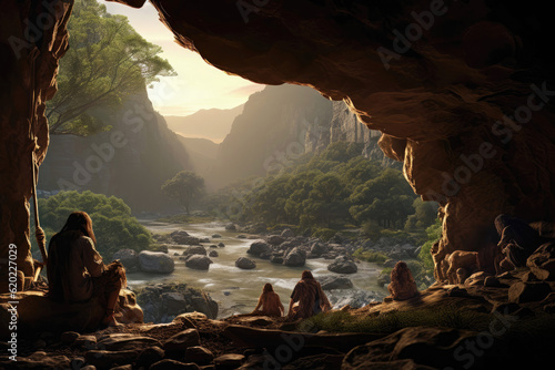 Neanderthal family sheltering in a cave over a river