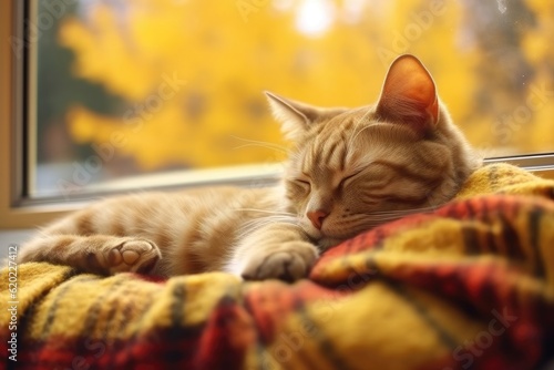 Lazy cat sleeps on cozy warm windowsill in autumn weather, hygge concept photo