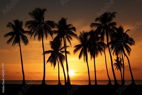 Palm Trees Silhouettes On Tropical Beach At Sunset. Ai generative.