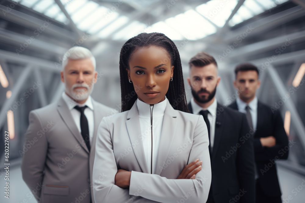 Generative ai team of business people posing with woman leader standing in front Generative ai team of business people posing with woman leader standing in front