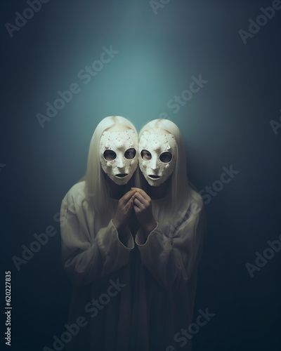 Generative ai young scary creepy and frightening young twins in halloween mask costume