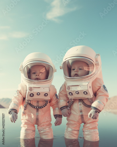 Generative ai little cute twins brothers astronaut wearing spacesuit