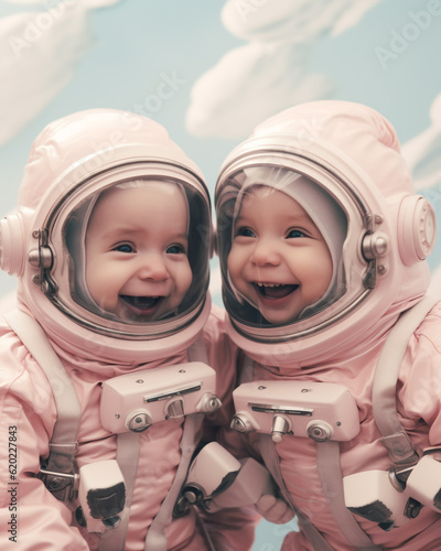 Generative ai little cute twins brothers astronaut wearing spacesuit