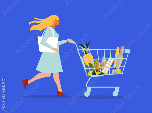 Girl with shopping cart full of groceries. Woman shopping groceries.Flat style vector illustration isolated on blue background.