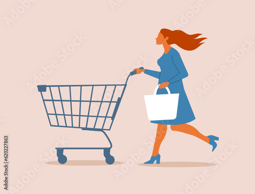 Young beautiful girl running and pushing a trolley. Woman going shopping with an empty cart.  Discount, big sale,shopaholic concept. Vector illustration for banner, ad