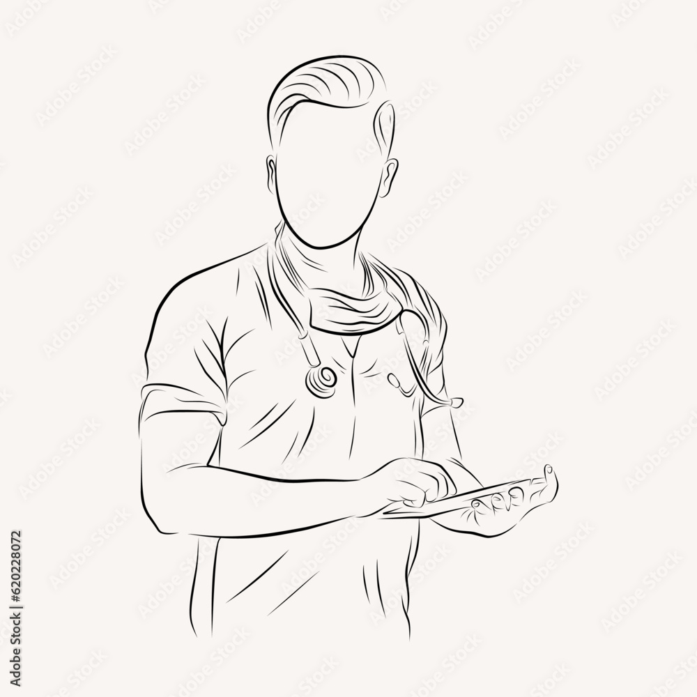 illustration line drawing of a young medical doctor wearing uniform