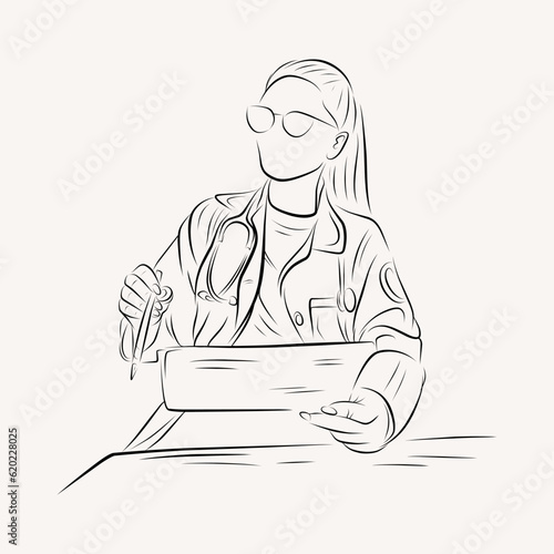 illustration line drawing of a young medical doctor wearing uniform