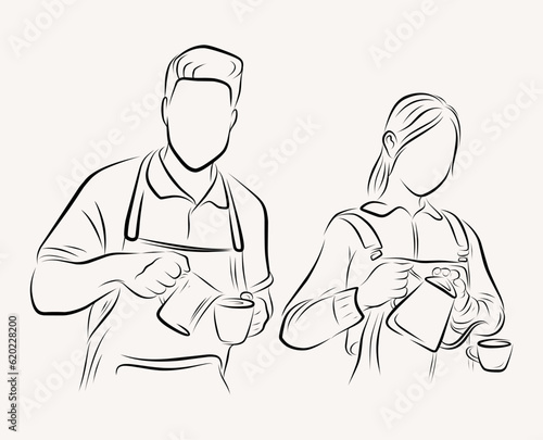 line art of barista make coffee illustration