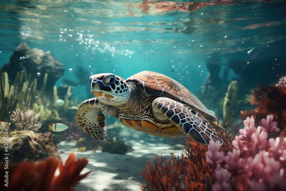 Turtle with Coral, Generative AI Turtle with Coral, Generative AI