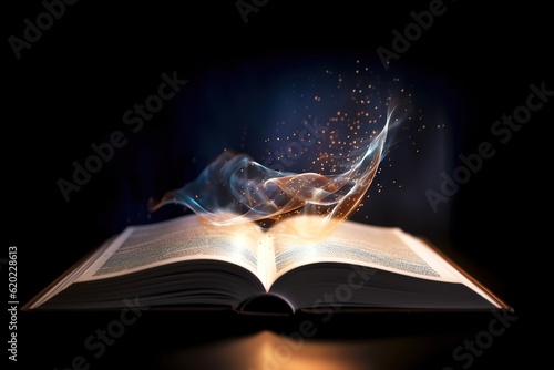 Magic Book With Open Pages And Abstract Lights Shini. Ai generative. photo