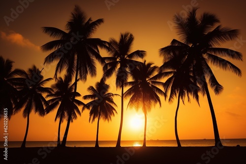 Palm Trees Silhouettes On Tropical Beach At Sunset. Ai generative.