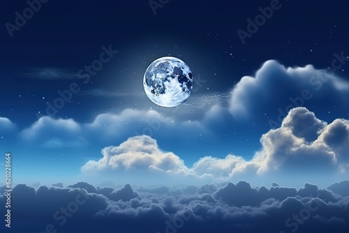 Romantic Moon In Starry Night Over Clouds. Ai generative.