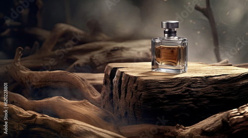 Transparent bottle of perfume on a background of stone and wood. Beige and blue perfume presentation. Trending concept in natural materials. Womens and mens essence. Natural cosmetic