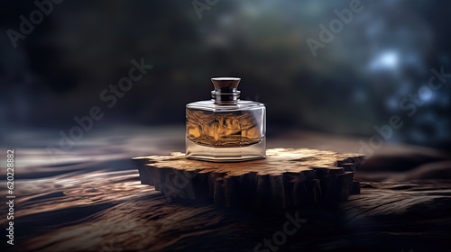 Transparent bottle of perfume on a background of stone and wood. Beige and blue perfume presentation. Trending concept in natural materials. Womens and mens essence. Natural cosmetic