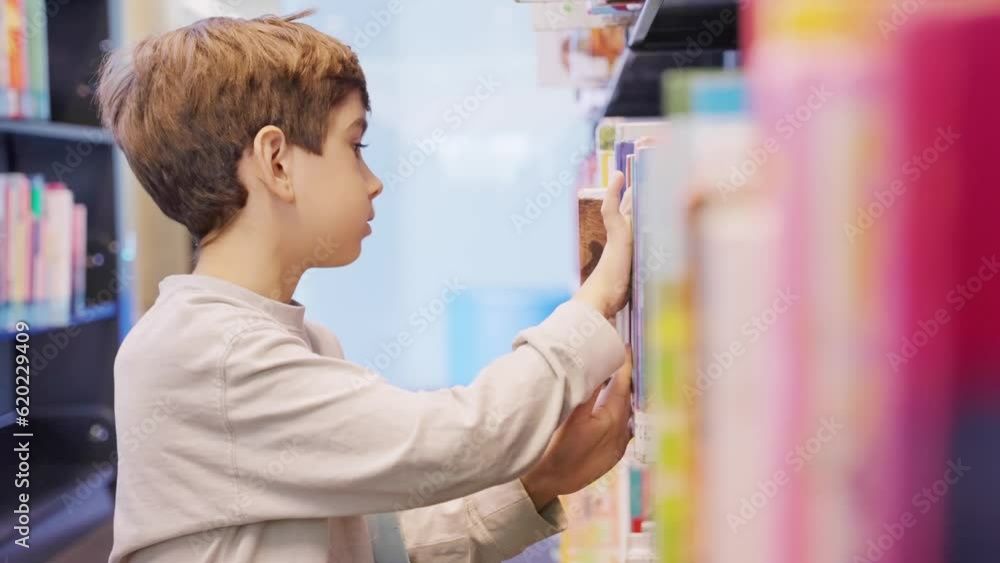 Little boy doing research in a library. Young child looking for a book Little boy doing research in a library. Young child looking for a book