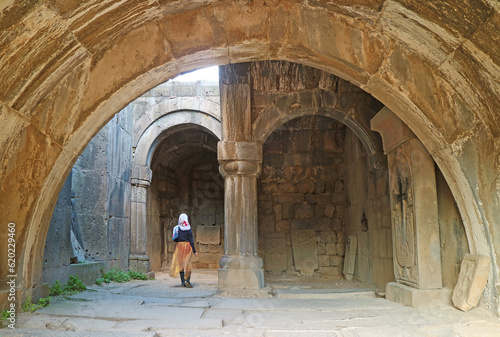 Amazing Interior of Haghpat Medieval Monastery with Group of Armenian Cross Stones or Khachkar, Lori Province, Armenia