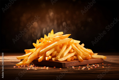 a photo of french fries floating over a wooden background