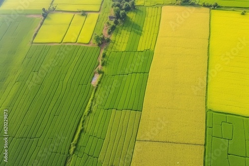 Fresh green and yellow rice fields. Aerial view. Ai generative.