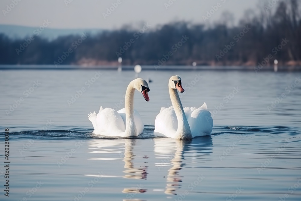 Swans on lake. A pair of swans in love. Ai generative