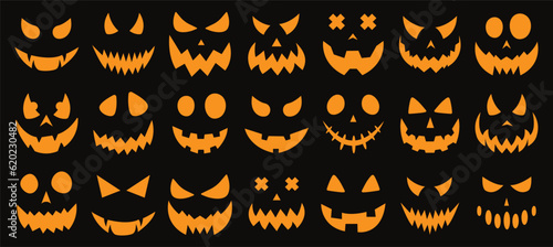Vector set of scary pumpkin faces. Spooky faces icons. Vector illustration