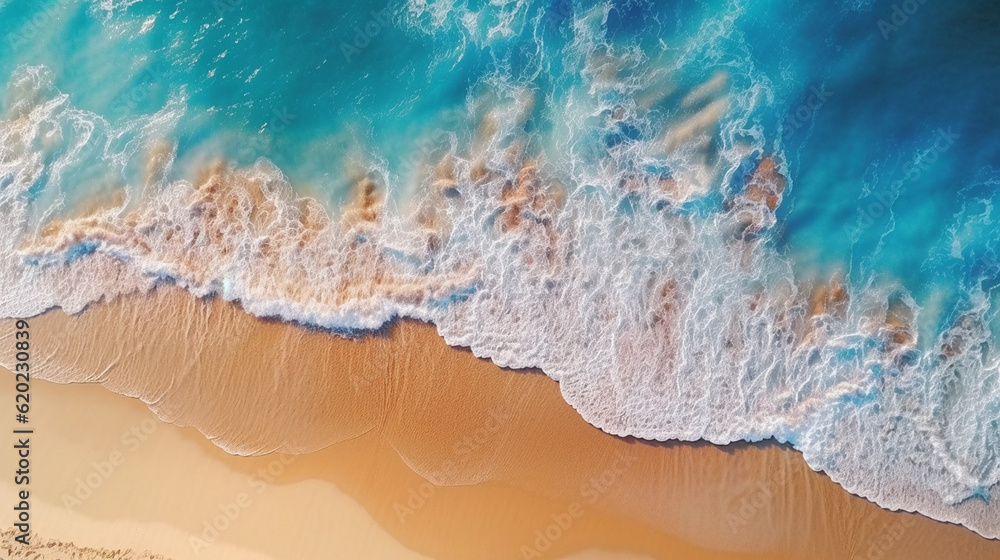 Overhead Aerial View of an Hombre Beach with Blue, Coral, and Pink Gradient Aesthetic - Ocean Waves Crashing on Sand - Generative AI Overhead Aerial View of an Hombre Beach with Blue, Coral, and Pink Gradient Aesthetic - Ocean Waves Crashing on Sand - Generative AI