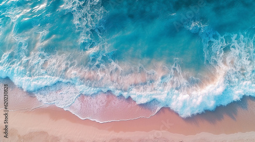 Overhead Aerial View of an Hombre Beach with Blue, Coral, and Pink Gradient Aesthetic - Ocean Waves Crashing on Sand - Generative AI