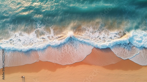 Overhead Aerial View of an Hombre Beach with Blue, Coral, and Pink Gradient Aesthetic - Ocean Waves Crashing on Sand - Generative AI