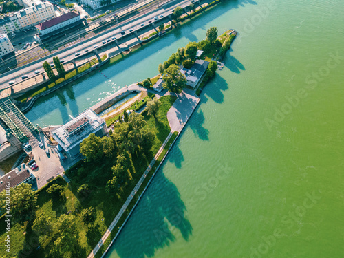 Photography Aerial drone view of Danube river in Vienna Austria cityscape with danube island