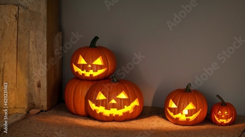 A Group Of Carved Pumpkins Sitting On Top Of A Floor