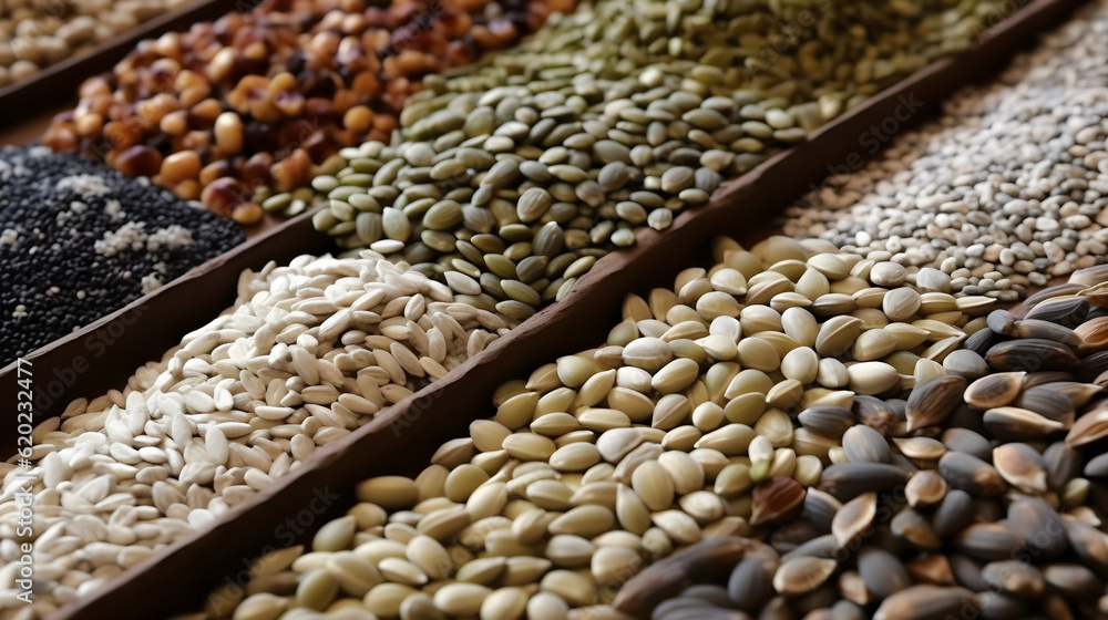 Obraz premium Variety of spices herbs and grains in the market closeup. Generative AI
