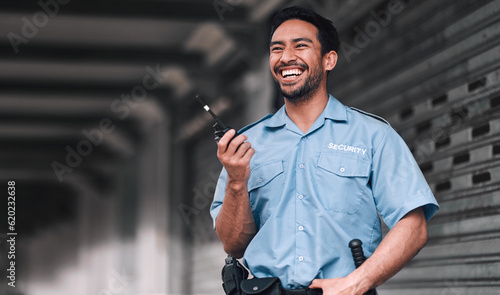 Fotografía Security guard, safety officer and man with walkie talkie on street for protection, patrol or watch