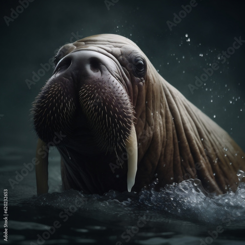 Walrus (Odobenus rosmarus), a.k.a. sea cow, tusked walrus, pacific walrus (Rosmarus obesus), Laptev walrus (Rosmarus laptevi) and Atlantic walrus (Rosmarus divergens), on a dark black background.