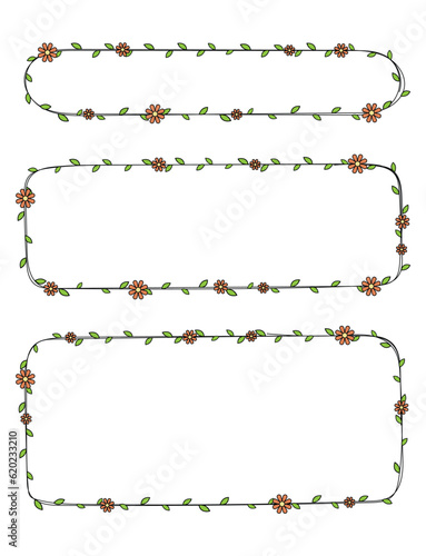 Hand drawn rectangle frame decoration element with flowers and leaves vector set