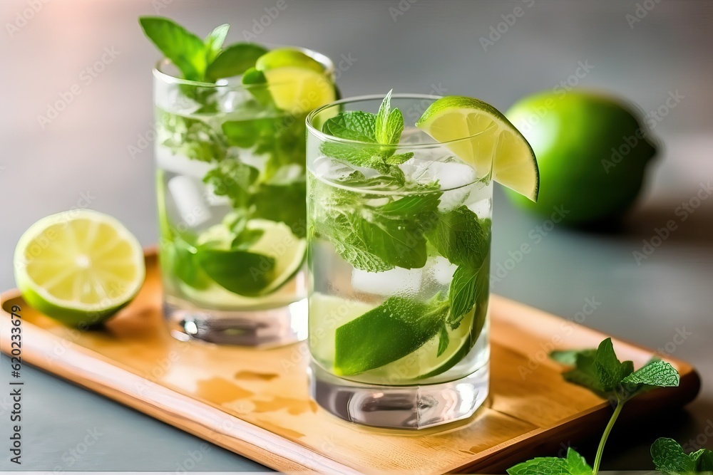 Fototapeta premium Mojito with mint leaf and lime juice (Ai generated)