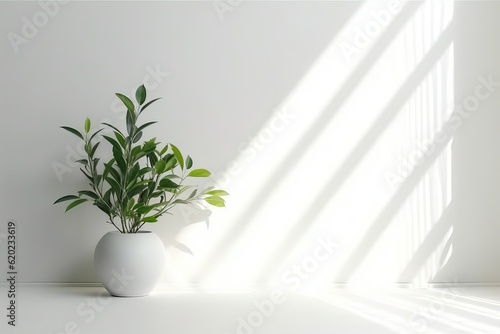 Plant and vase in the interior, Minimalistic light background (Ai generated) © thesweetsheep