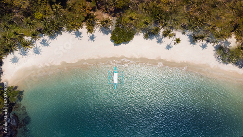 Łódź na tle turkusowej wody, piękna rajska wyspa, niesamowity letni krajobraz z plażą i palmami, ujęcie z drona.