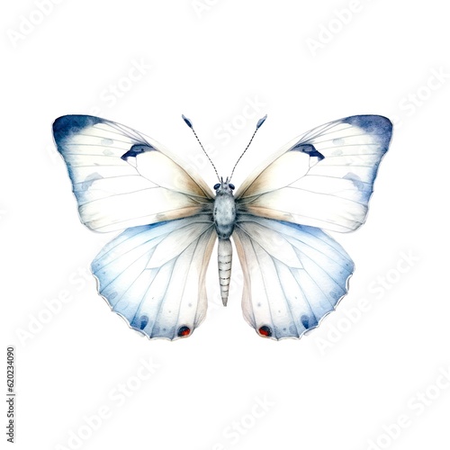 Watercolor illustration of a white butterfly isolated on white background. Generative AI.