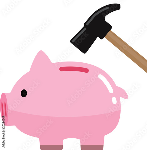 かわいい豚の貯金箱をハンマーで割ろうとしているイラスト