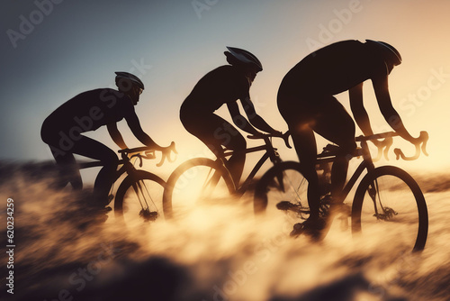 three of sporty men riding bicycles on road on background of an sunset sky. black Silhouette of sport team. bikes racing on sunset  road. group of people. high speed. race sportsmen. generative ai.