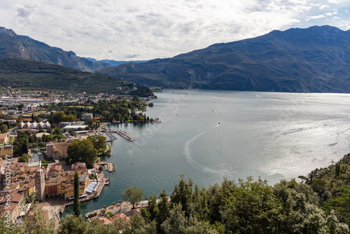 Riva del Garda and Garda Lake view from the nearby mountain Cima Valdes. Torbole  monte brione and lago di garda.