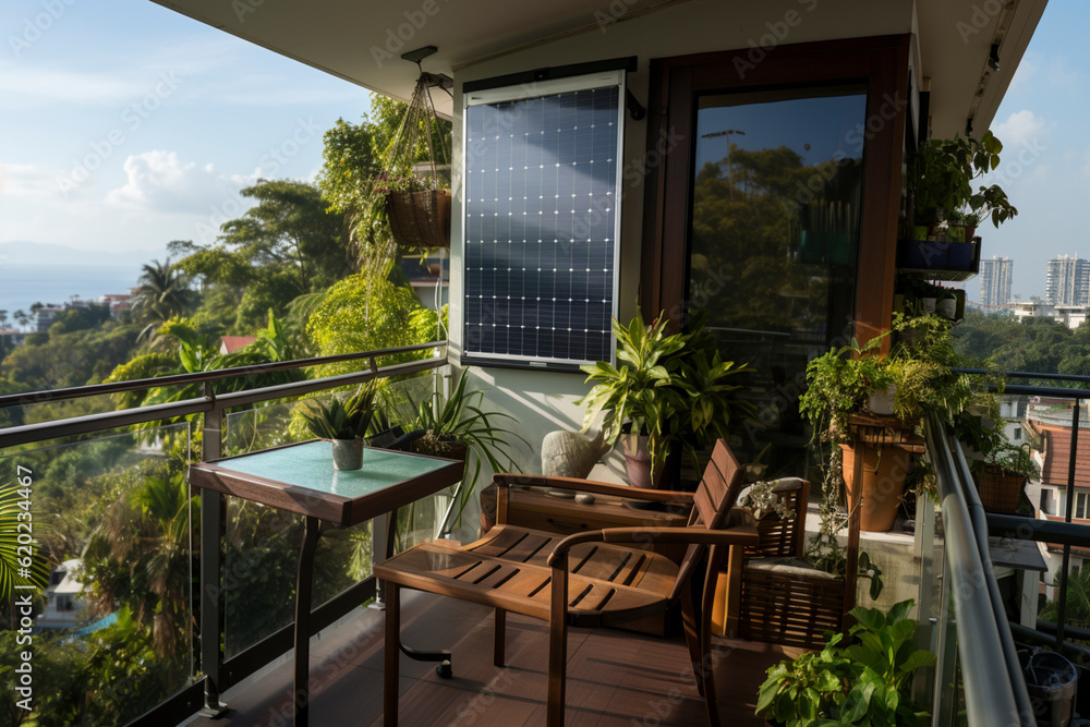 Fototapeta premium Solar system, solar power plant Solar panels on a balcony Balcony power plant, ai generated