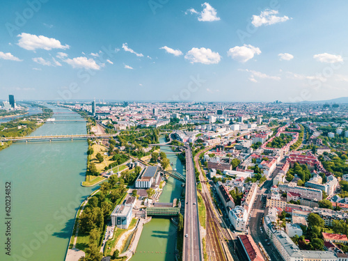Aerial drone view of Danube river in Vienna Austria cityscape with danube island