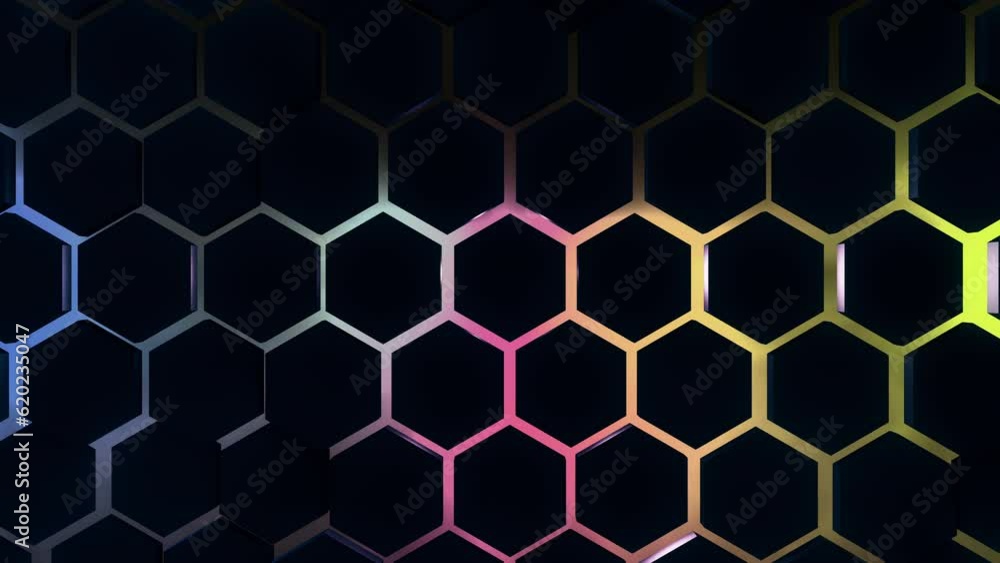 3D render futuristic animated background from hexagon shapes with neon back lighting, minimal diamonds grid tiles pattern with random objects displacement, 4K live wallpaper